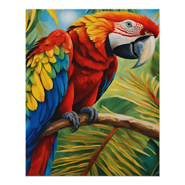Poster Tropical Red Macaw, Exotic Bird in Vibrant Colors  (Devant)