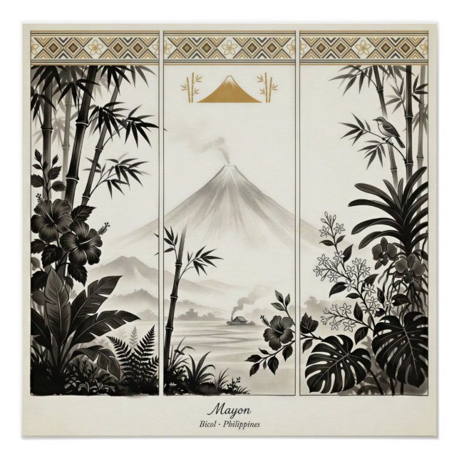 Poster Tryptique mural artistique du volcan Mayon (Devant)