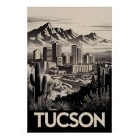 Tucson Arizona Skyline Noir Blanc Gravure sur Bois