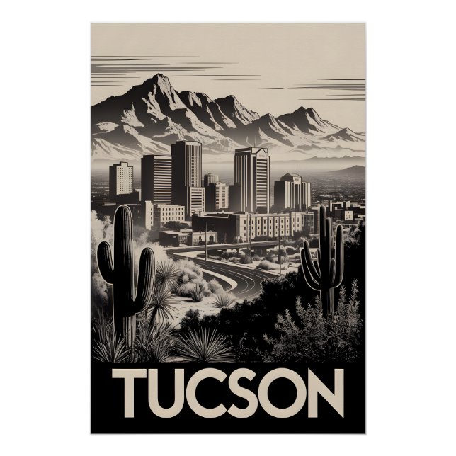 Poster Tucson Arizona Skyline Noir Blanc Gravure sur Bois (Devant)
