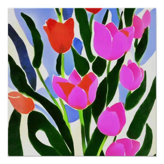 Poster Tulipes Aux Couleurs Fortes Art Floral Rose (Devant)