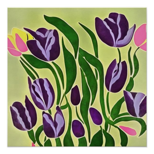 Poster Tulipes violettes rétro Art Abstrait (Devant)