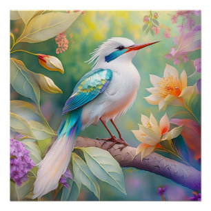 Poster Turquoise aile crête blanche Imaginaire Oiseau