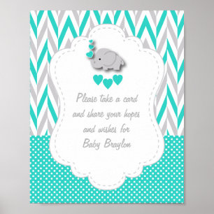Poster Turquoise, Baby shower d'éléphant gris blanc