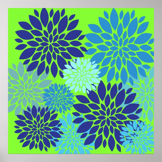 Poster Turquoise bleu et vert citron Art Floral Impressio (Devant)