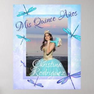Poster Turquoise & Blue Quinceañera avec des libel