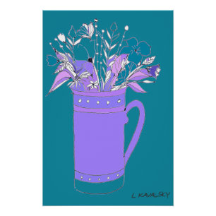 Poster Turquoise Fleurs Colorées Originales Dans Une Affi