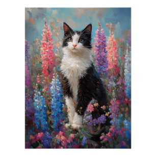 Poster Tuxedo Chat Colorful Lupine Fleurs Peinture