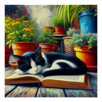Tuxedo Chat dormir sur un livre Jardin Peinture