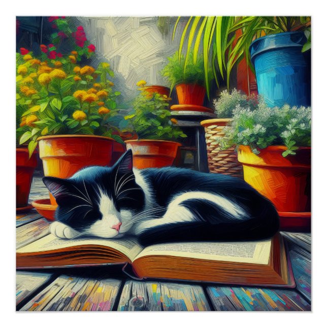 Poster Tuxedo Chat dormir sur un livre Jardin Peinture (Devant)