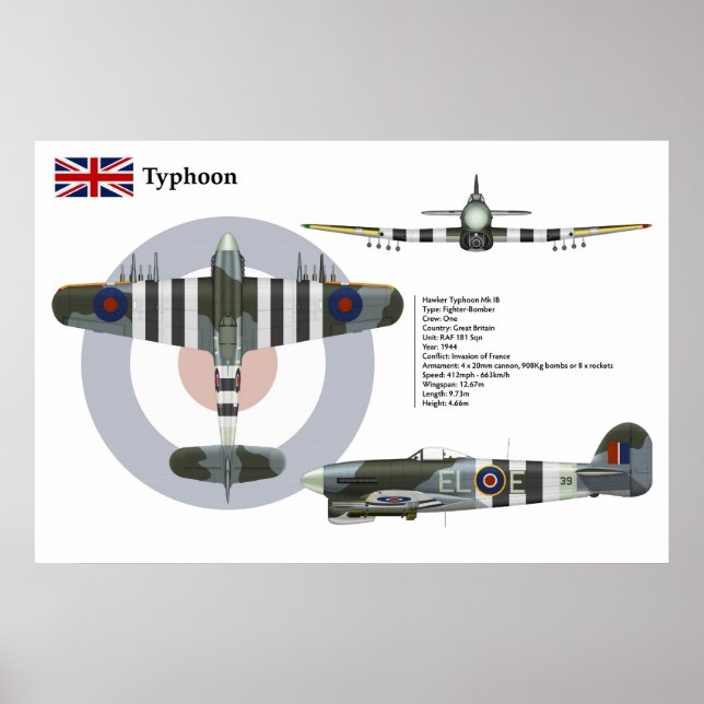 Poster Typhoon Mk 1B 181e Escadron (Devant)