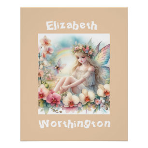 Poster Typographie de princesse fée florale aquarelle ros