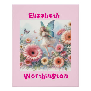 Poster Typographie de princesse fée florale aquarelle ros