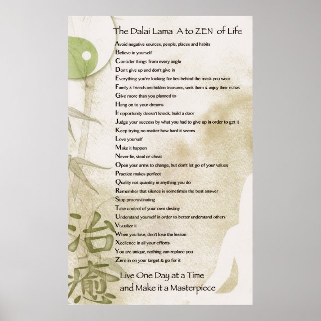 Poster Typographie Mur Art Dalai Lama A to Zen (Devant)