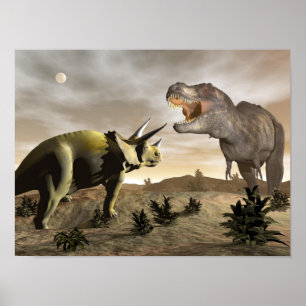 Poster Tyrannosaurus rugissant à triceratops - rendu 3D