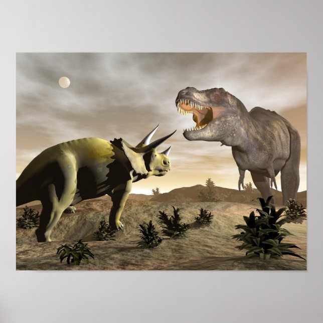 Poster Tyrannosaurus rugissant à triceratops - rendu 3D (Devant)