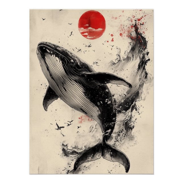 Poster Ukiyo-e Whale Art with Red Sun & Ink Splatter (Devant)