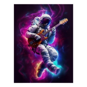 Poster Un astronaute néon joue de la guitare en Galaxie