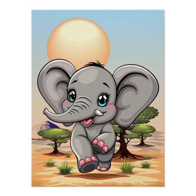Poster Un bébé éléphant qui sonne heureux dans la savane  (Devant)