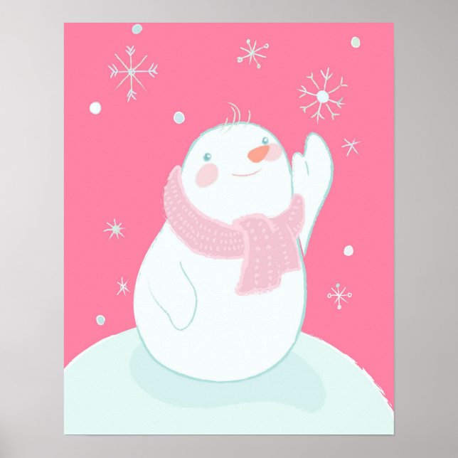 Poster Un bonhomme de neige qui atteint un flocon de neig (Devant)