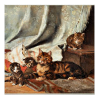 Un chat avec trois chatons, peinture d'art