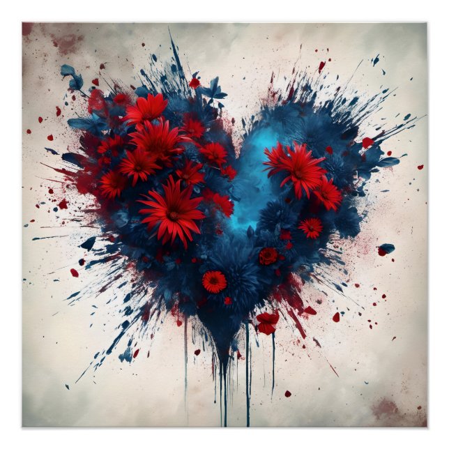Poster Un coeur bleu éclatant avec des fleurs rouges (Devant)