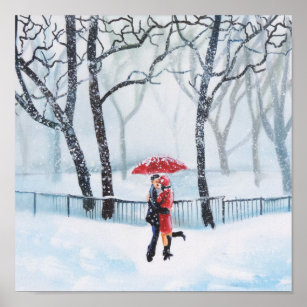 Poster Un couple romantique dansant dans le parapluie rou