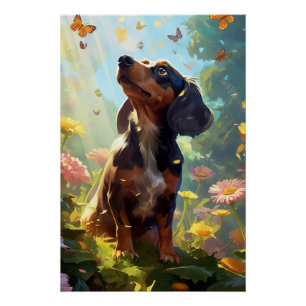 Poster Un curieux Dachshund aux papillons
