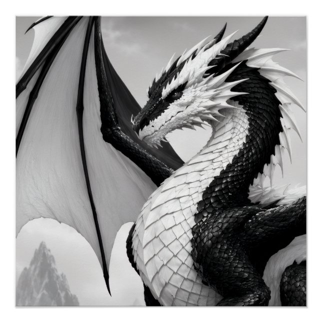 Poster Un design puissant de dragon noir et blanc mettant (Devant)