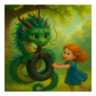 Poster Un Dragon Bébé Asiatique Vert avec Imaginaire des