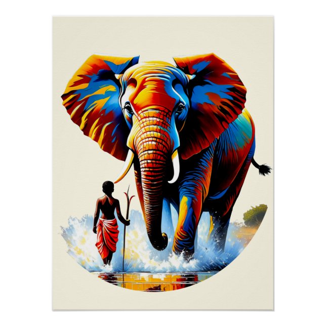 Poster Un garçon sans peur rencontre un taureau d'éléphan (Devant)