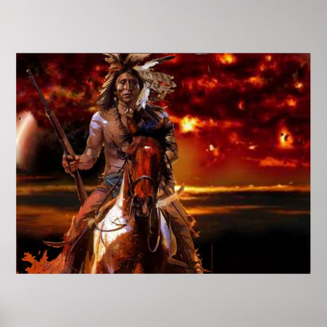 Poster Un guerrier indien à cheval dans l'incendie (Devant)
