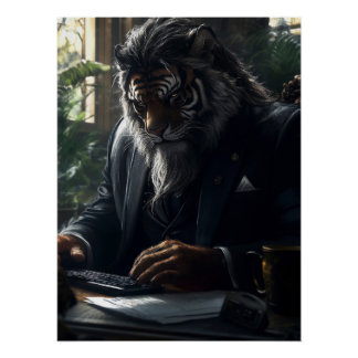 Poster Un homme d'affaires anthropomorphe de tigre dans u