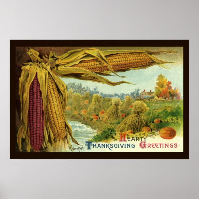 Poster Un joyeux Thanksgiving ; maïs indien et meules de  (Devant)