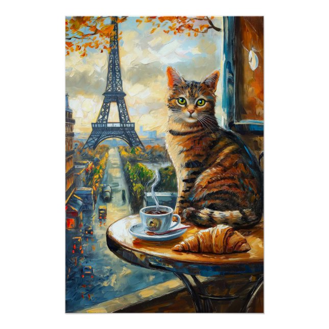 Poster Un matin à Paris | Chat tigré dans un café (Devant)