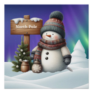 Poster Un mignon bonhomme de neige sur le Pôle Nord avec