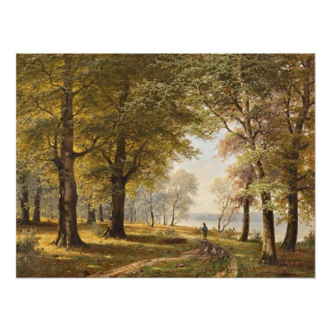 Poster Un sentier forestier avec randonneur en automne (Devant)