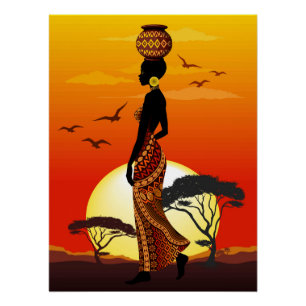 Poster Une belle femme africaine Silhouette sur les solei