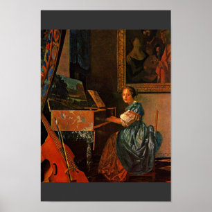 Poster Une Dame Assis À Une Virginal, Par Vermeer Van Del