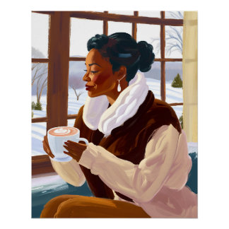 Poster Une femme afro-américaine sirote du cacao en hiver