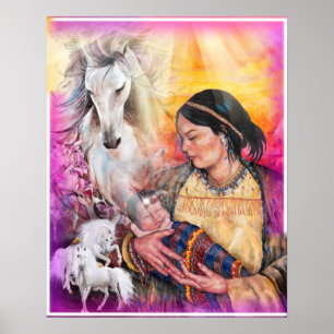 Poster Une femme amérindienne et des chevaux blanc