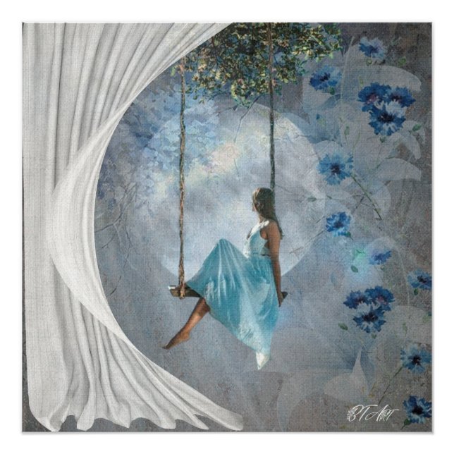 Poster Une femme en robe bleue sur un swing (Devant)