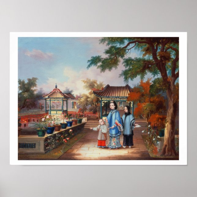 Poster Une mère avec ses enfants dans un jardin chinois,  (Devant)