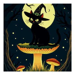 Poster Une petite chatte noire de sorcière assise sur un