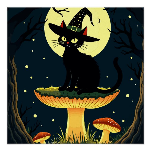 Poster  Une petite chatte noire de sorcière assise sur un (Devant)