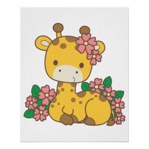 Poster Une petite girafe au milieu du jardin fleuri.
