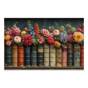 Poster Une rangée de livres et de fleurs
