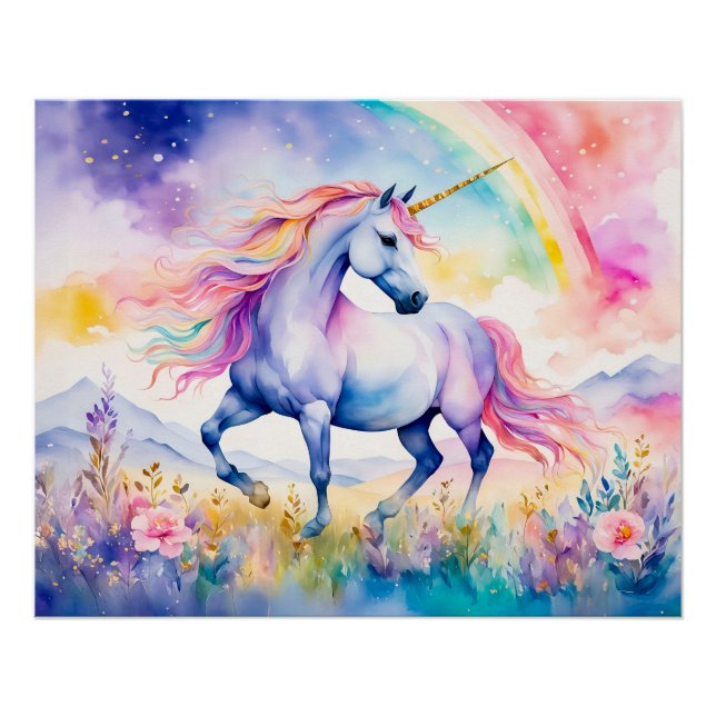 Poster Unicorn Marchant Sous Un Arc En Ciel Chatoyant (Devant)