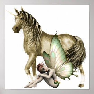 Poster Unicorne d'or et fée timide Imprimer
