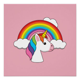 Poster Unicorne et arc-en-ciel avec nuages Kawaii